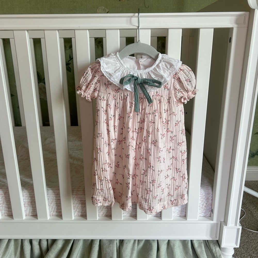 Pink Floral Baby Dress with Green Bow